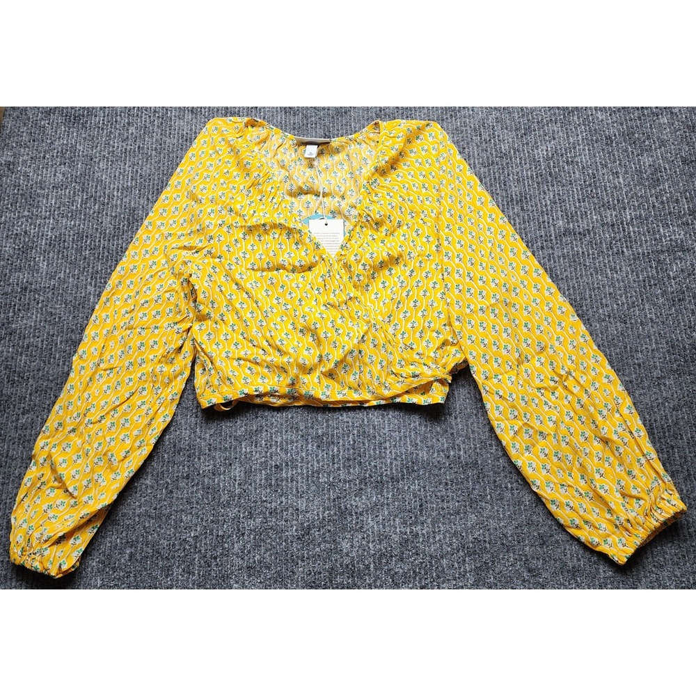 Rhode Yellow Floral Wrap Top Long Sleeve Cropped Blouse XL NEW